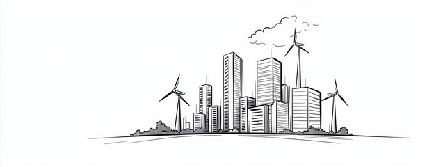 Obraz premium Sketch of an urban skyline with wind turbines and clouds, white isolate background. Generative AI