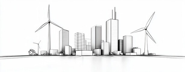 Obraz premium Outline of a modern skyline with wind turbines, white background Generative AI