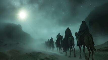 Fototapeta premium Silhouetted astrologers on camels, flowing robes catching the wind as they cross a moonlit desert, the sky brimming with stars, a radiant eastern star lighting their path,