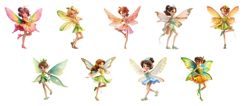 Beautiful fairy with wings posing, 3D cartoon illustration, isolated on transparent background, cute animated style, beautiful colors, Generative ai
