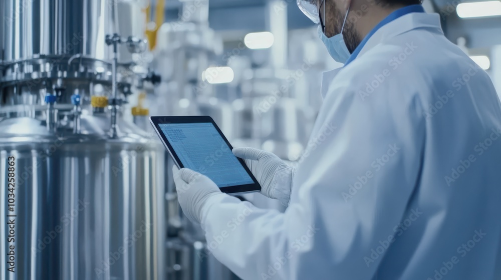 Poster innovative industrial scientist using tablet in high-tech manufacturing environment