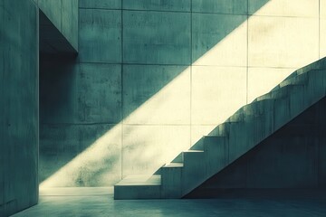Fototapeta premium Modern architectural concrete staircase illuminated by sunlight, casting dramatic shadows on the walls, creating a minimalist composition.