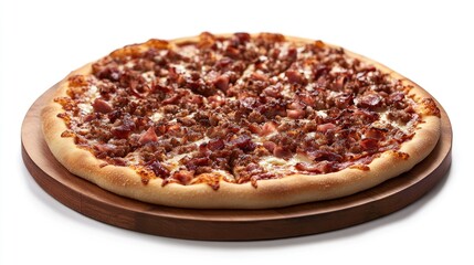 A delicious-looking pizza with toppings on a wooden tray, isolated on a clean white surface