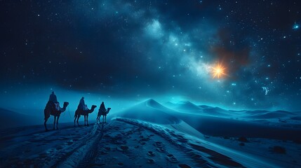Fototapeta premium Silhouettes of astrologers on camels under a vast night sky, the brilliant light of a star shining brightly on the horizon, the soft glow of moonlight casting long shadows on the dunes,
