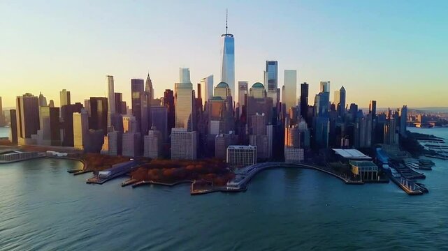 Aerial drone footage of New York skyline as viewed from Weehawken, NJ.