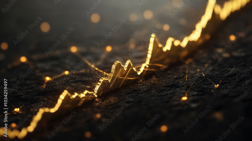 Poster golden growth graph with glowing lines representing progress and success