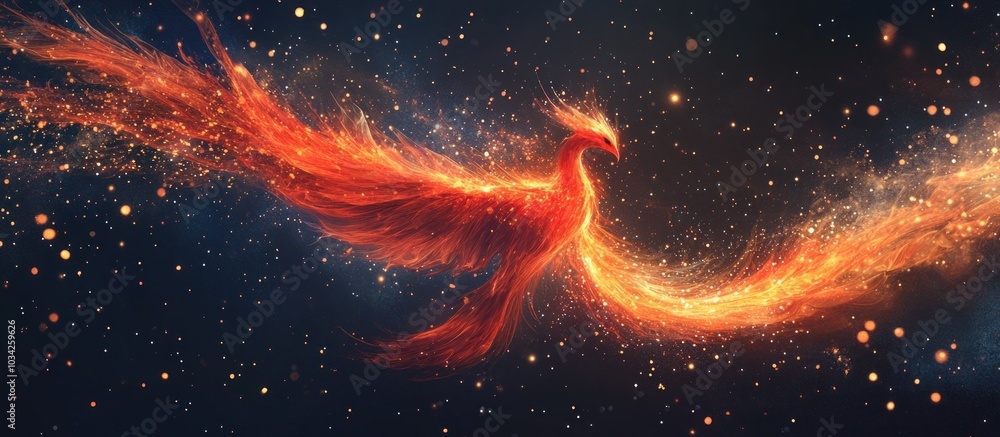 Poster a fiery phoenix bird flies through a starry sky, its wings spread wide and its tail trailing behind 