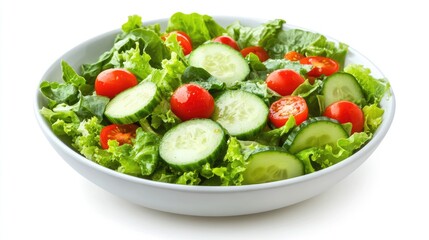A fresh salad bowl with cucumbers, lettuce, and cherry tomatoes on a bright white background