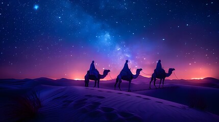 Fototapeta premium Silhouettes of three astrologers on camels, riding through a desert landscape under a star-filled sky, the bright light of an eastern star leading them, soft moonlight illuminating the dunes,
