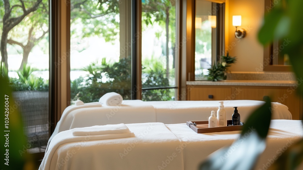 Poster relaxing spa setting with massage tables and natural light in a tranquil environment surrounded by g