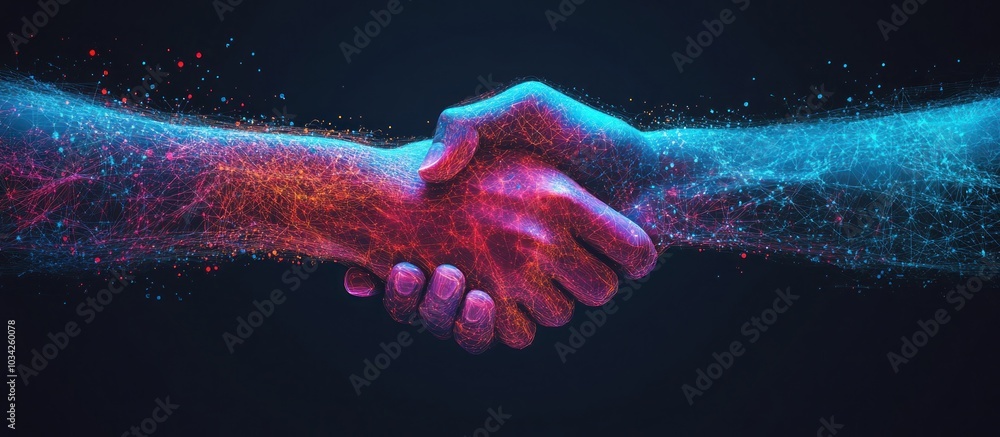 Aufkleber two hands shake in a digital handshake with glowing particles, creating a bond of connection.
