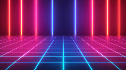 Fototapeta premium Vibrant neon lights create stunning geometric grid pattern