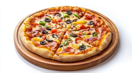 A gourmet pizza on a wooden serving tray, isolated on a bright white background