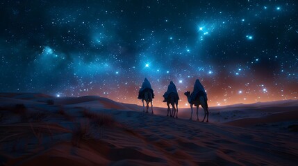 Three astrologers in flowing robes riding camels across a vast desert, the night sky filled with shimmering stars and a bright eastern star illuminating their path,