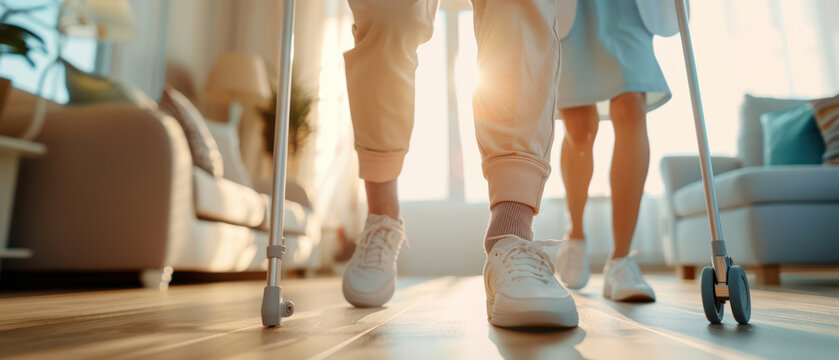 Closeup of Feet Using Walking Aids in a Living Room, senior using walker equipment with assist