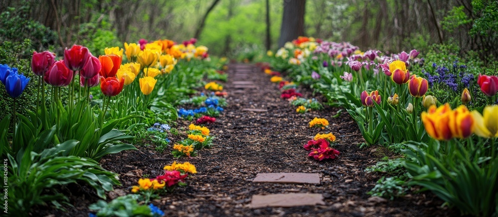 Poster a winding path through a colorful garden with rows of tulips and other spring flowers.
