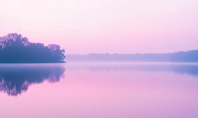 Silhouetted trees reflect on still lake water.