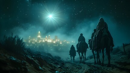 Fototapeta premium Three astrologers in ornate robes riding camels through the desert at night, their eyes fixed on a radiant star in the sky, the soft glow from the moonlight and star creating long shadows on the sand,