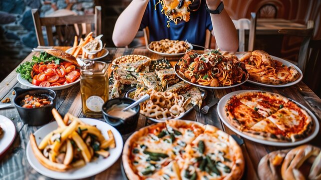 Binge Eating Emotion: Person Sitting Alone with Piles of Food, Distress Expression and Fork Paused, Capturing the Intensity of Overeating