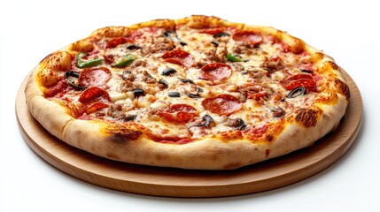 A pizza with golden crust and toppings, served on a wooden tray and isolated on a white background