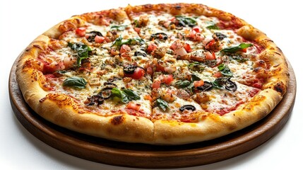 A pizza with golden crust and toppings, served on a wooden tray and isolated on a white background