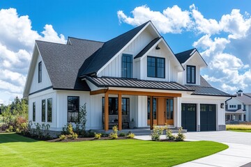 Modern farmhouse with white siding, wooden accents, and a lush green lawn under a bright blue sky. Ideal for suburban living.
