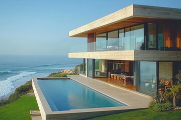 Modern glass beach house with infinity pool overlooking the ocean. Features a sleek design and luxurious amenities for a perfect getaway.