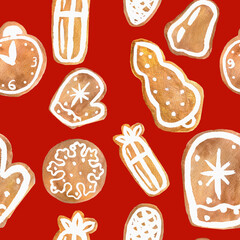 gingerbread tree gift candy mittens Christmas baking holiday cookies with icing seamless pattern watercolor composition isolated on a red background base for cards textile tableware