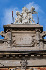 Architectural details of neo-renaissance style facade of International Theater Amsterdam – ITA on Leidseplein (1894). Amsterdam, The Netherland. 