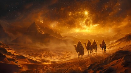 Three astrologers riding camels across a vast desert, their eyes fixed on a glowing, mystical star in the sky, the desert bathed in the soft glow of the star’s light, long shadows on the dunes,