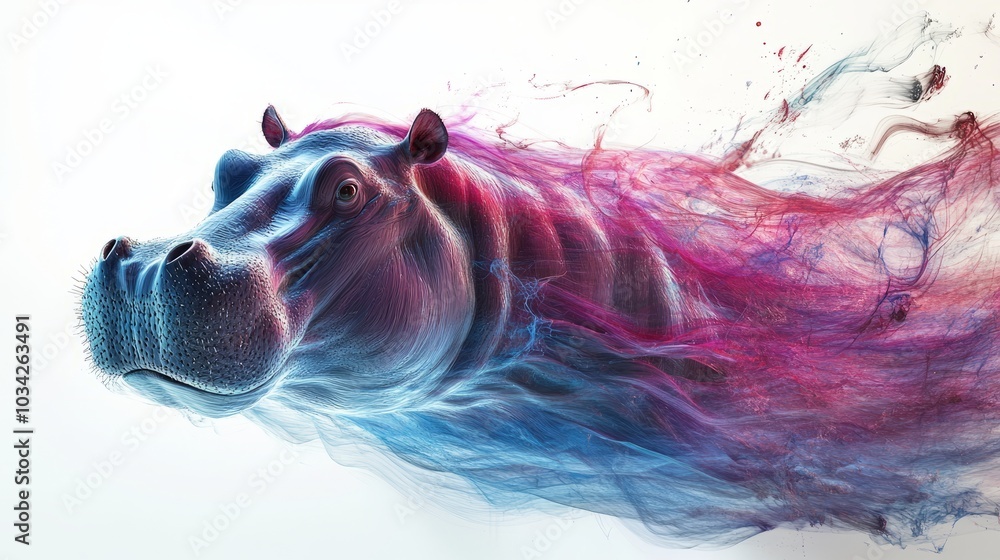 Wall mural A colorful abstract portrait of a hippopotamus with its body flowing with smoke.