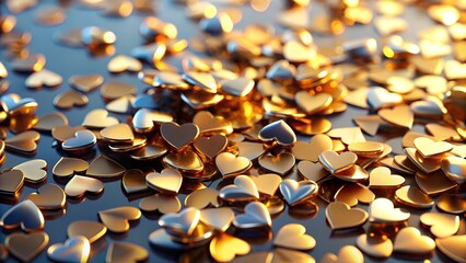 Obraz premium Close-up of golden heart confetti scattered on a glass surface with light reflections