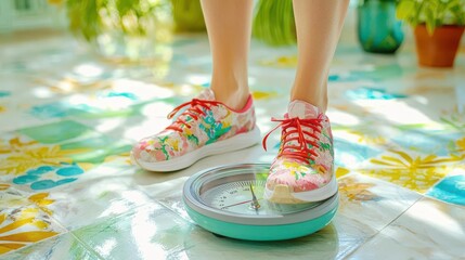 Woman in workout clothes checking her weight on a scale, fitness progress, goal setting