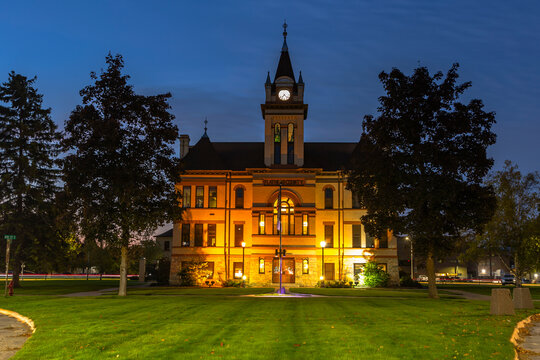 Flathead County Courthouse illuminated in twilight in Kalispell, Montana