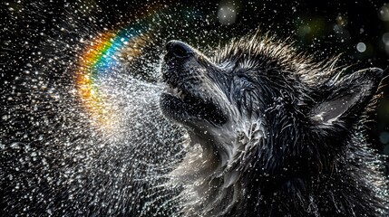 Abstract Fur Flow: A slow-motion capture of the Malamute shaking off water after a swim. Droplets scatter, refracting sunlight into rainbows. 