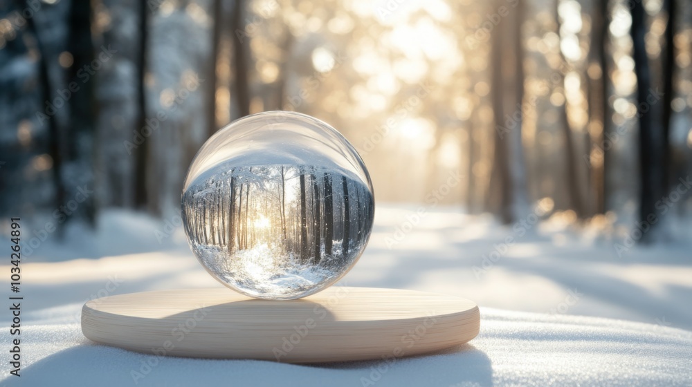 Poster a crystal ball sits atop a wooden base in a snowy forest, reflecting trees and warm light as the sun