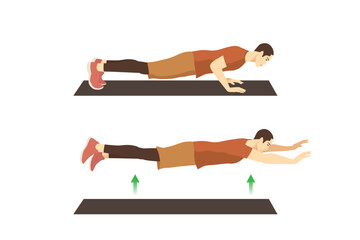 Man doing exercise with Super man push up position. he start push up on the floor and fly in the air. Illustration about Workout diagram. 