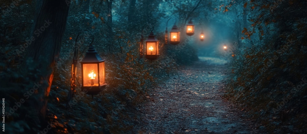 Poster mystical path in a dark forest with hanging lanterns.