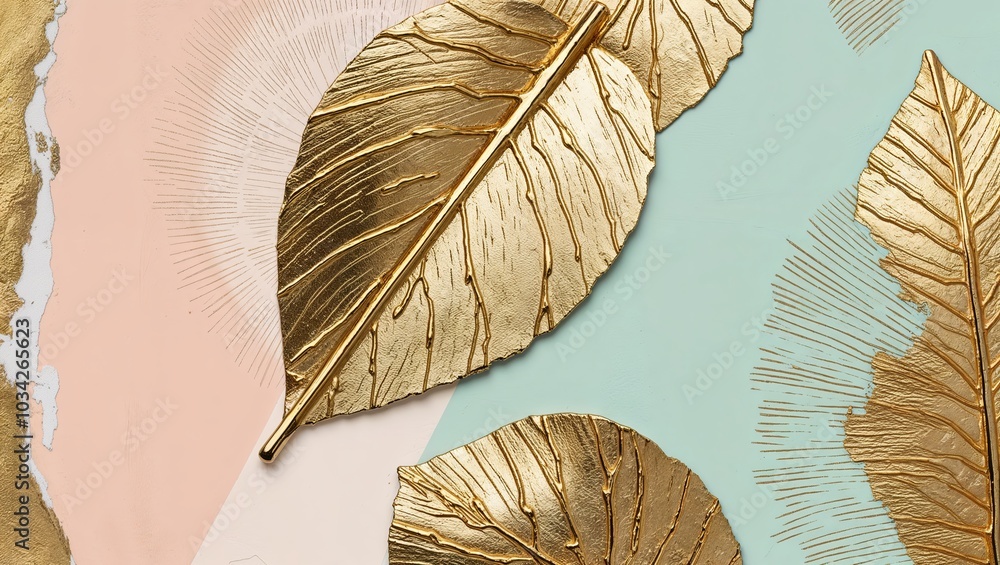 Sticker Golden leaves on a pastel background.