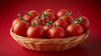 A wicker basket filled with fresh, red tomatoes on a red background.