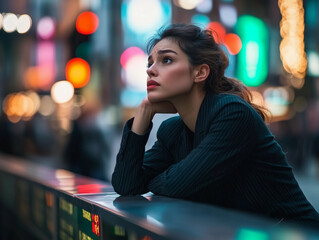 Young Woman Monitoring Stock Prices on the Trading Floor of a Stock Exchange. Business and Finance Concept. Image Generated by AI.