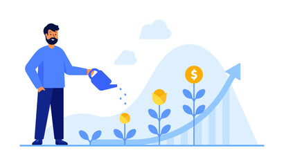 Investor or businessman watering money trees. Venture fund, startup business growth, passive income, return on investment, dividends concept. Flat vector illustration isolated on a white background © Artster
