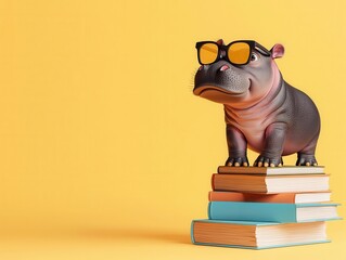 A snarky baby hippo standing on a pile of books, oversized glasses, vibrant 3D illustration, classroom background