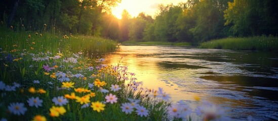 Obraz premium A river flowing through a lush green forest with a sunset in the background and a foreground of colorful wildflowers.