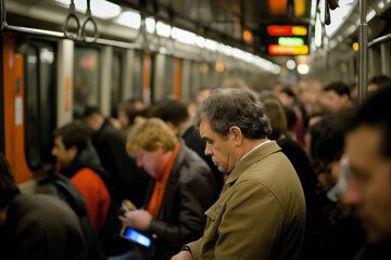 A Crowded Subway Train Where Passengers Are All Absorbed In Their Devices, Creating A Disconnect From The Shared Space And Illustrating The Isolation Despite Being Surrounded By People.