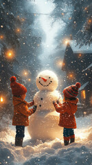 A snowy village scene with children building a snowman, cozy homes, and holiday lights, suitable for a festive smartphone wallpaper