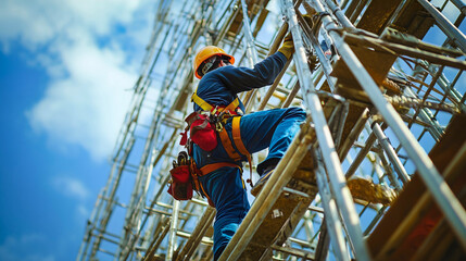Man climbing scaffolding at a construction site, ascending carefully as part of building work, engaged in construction labor high above the ground, scaffolding structure supporting the ongoing project