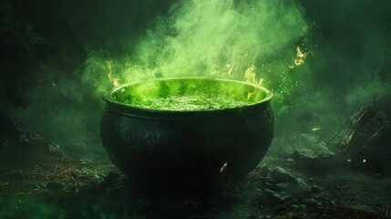 Mysterious Green Mist Emanating from Enchanted Cauldron in Dark Forest Atmosphere