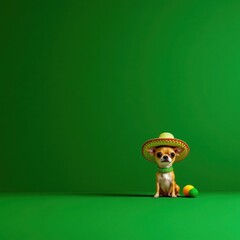 Adorable Canine in Sombrero with Toy on Green Backdrop - Space for Text - Created with Tech