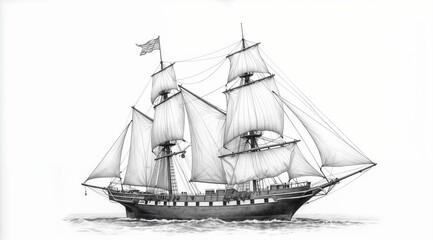 Black and white illustration of a classic sailing ship with billowing sails
